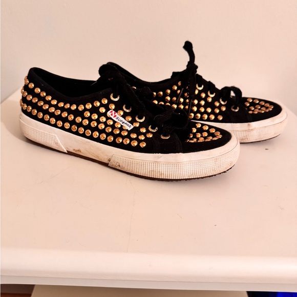 Superga Shoes - Superga Black and Gold Studded Sneakers super cool size 8 woman